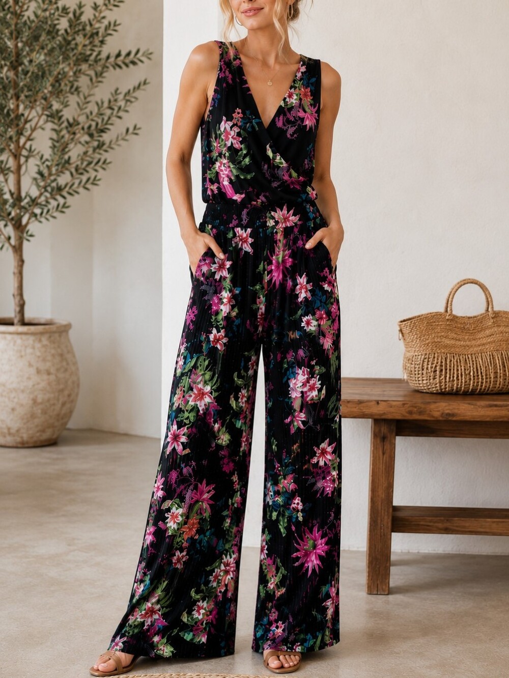 Women's Black Floral Two-Piece Set Sleeveless Surplice Top & Wide Leg Pants